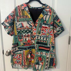 Lafayette 148 New York Huxley Patchwork Print Short Sleeve Top Sz Large